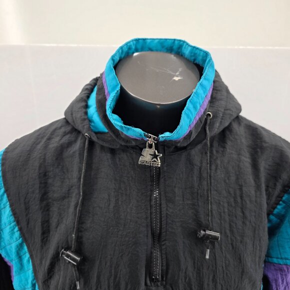 VTG 90s NBA CHARLOTTE HORNETS STARTER PUFFER JACKET PULLOVER SIZE L BLACK - Picture 3 of 15